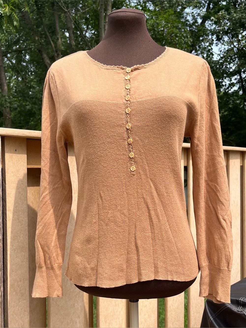 Vtg J. Jill Scalloped Ribbed Button Detail Cotton Wool Sweater Size LP Cottage